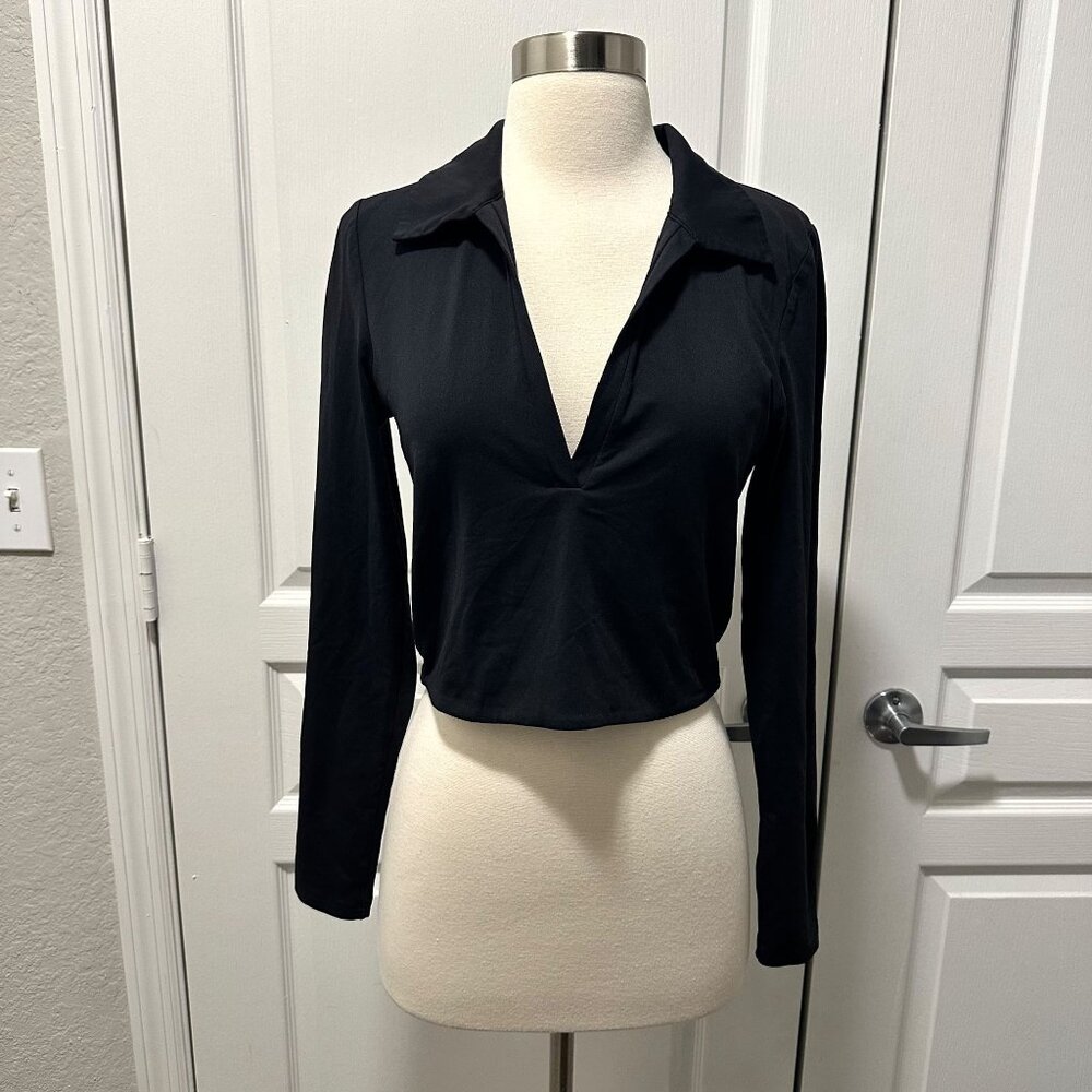 Aritzia Babaton Black Polo Long Sleeve Shirt - Picture 2 of 8
